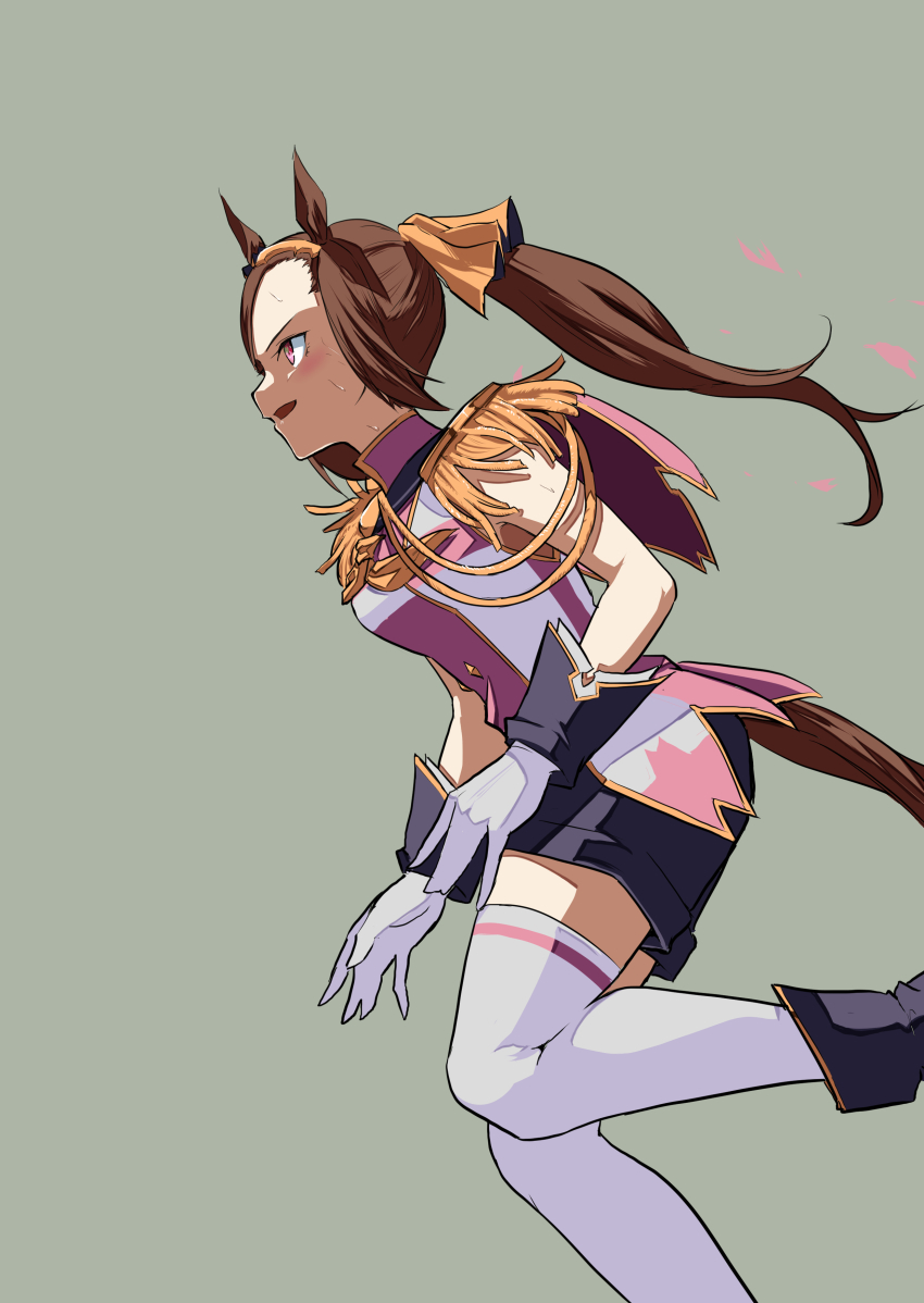 1girl, absurdres, animal_ears, black_shorts, blush, breasts, brown_hair, elbow_gloves