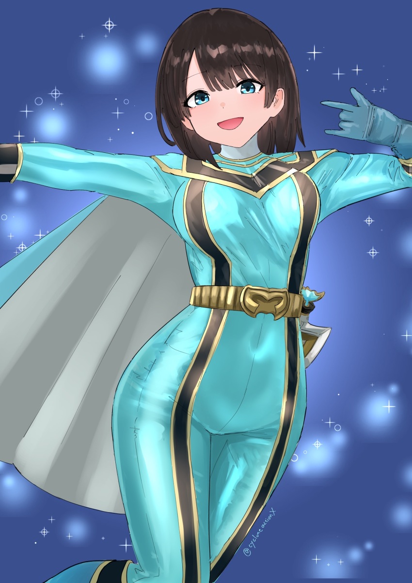 1girl, :d, \m/, absurdres, adapted_costume, animification, belt, belt_buckle