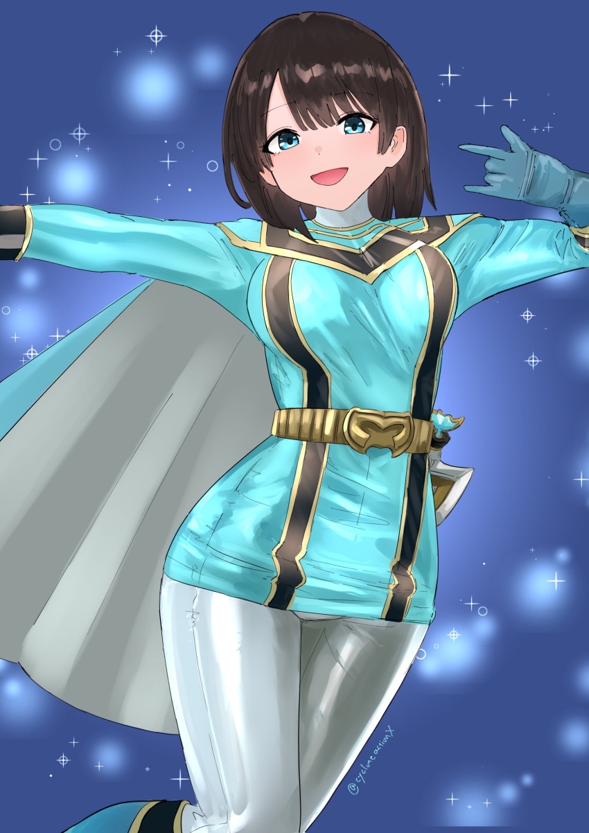 1girl, :d, \m/, absurdres, animification, belt, belt_buckle, black_hair