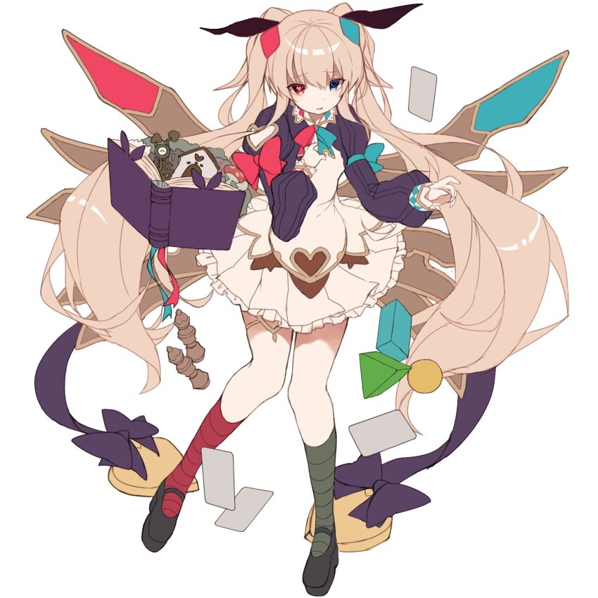 1girl, alice_undertale_(grimms_notes), asymmetrical_legwear, az_9649, blonde_hair, blue_eyes, book, chaos_alice_(grimms_notes), full_body, grimms_notes, hair_between_eyes, hair_ornament, heterochromia, highres, long_hair, long_sleeves, looking_at_viewer, mismatched_legwear, open_book, parted_lips, puffy_long_sleeves, puffy_sleeves, purple_sleeves, red_eyes, simple_background, skirt, solo, twintails, very_long_hair, white_background, white_skirt