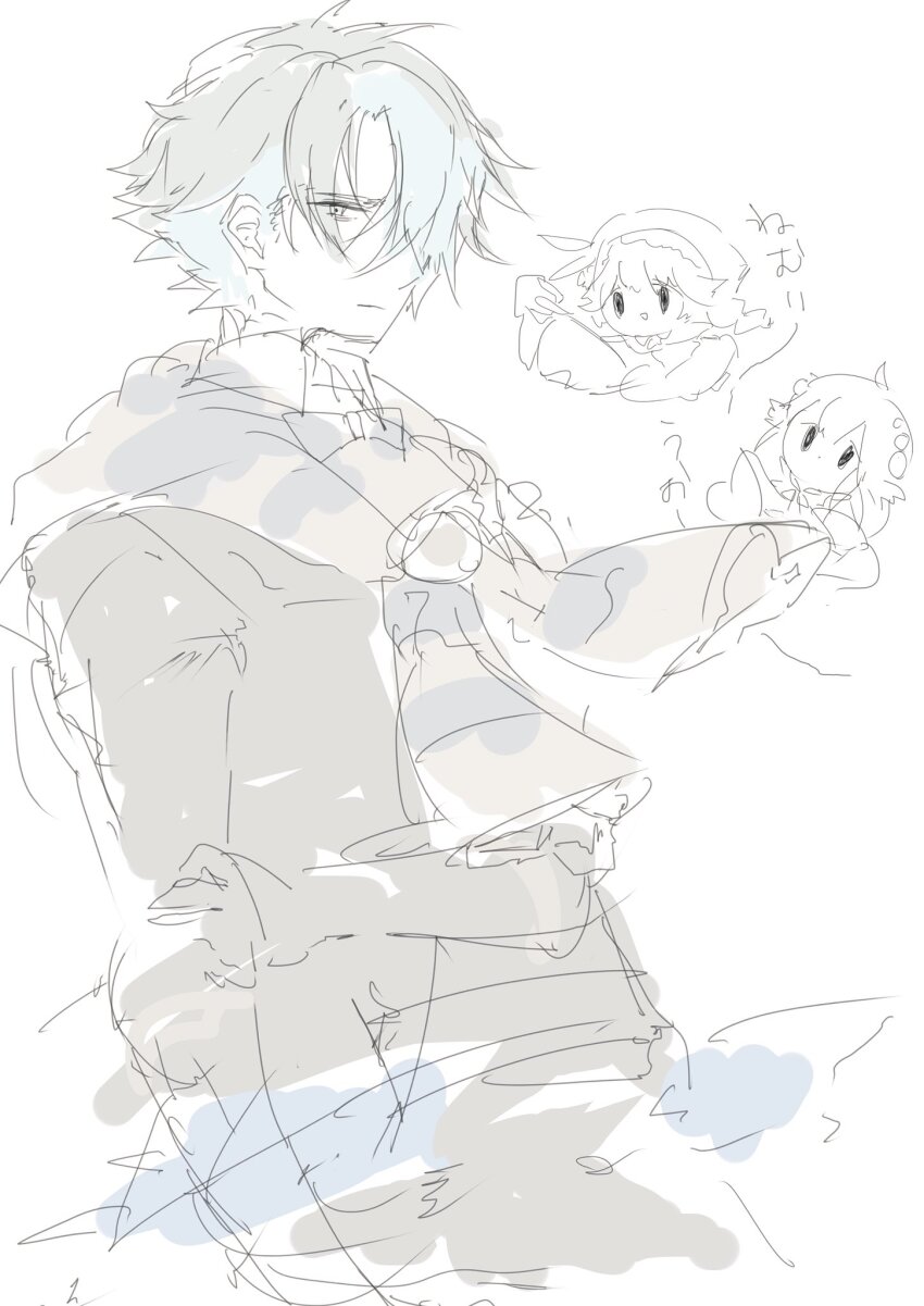 1boy, 2girls, az_9649, black_hair, chibi, green_hair, grimms_notes, hans_andersen_(grimms_notes)