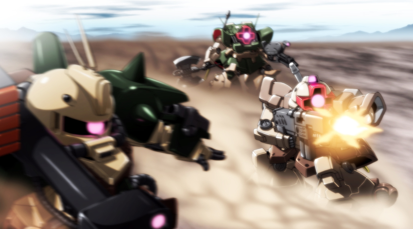 axe, chibi, desert, desert_zaku, dom_tropen, dowadge, dual_wielding, gun