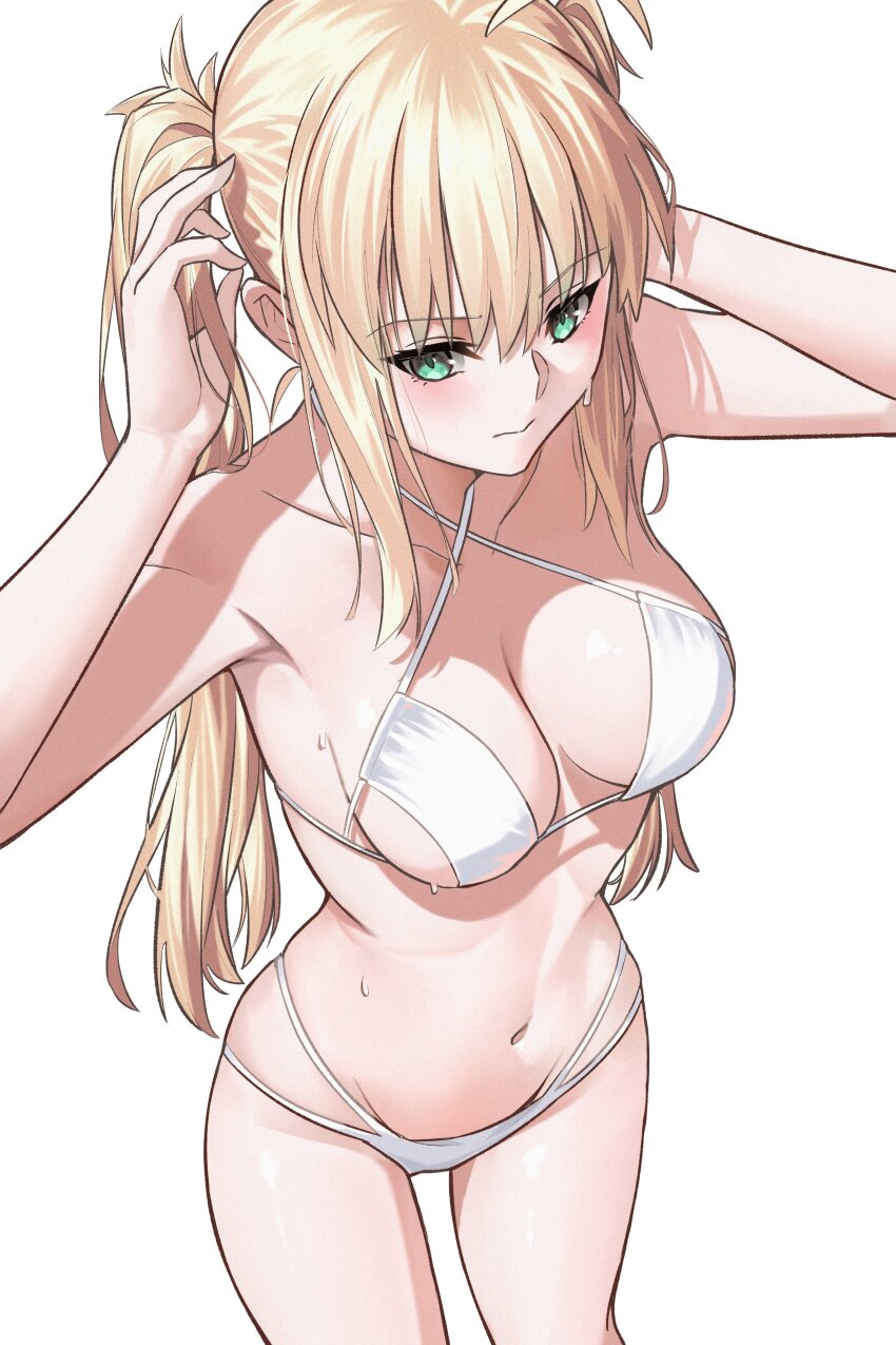 1girl, absurdres, artoria_caster_(fate), artoria_caster_(swimsuit_berserker)_(first_ascension)_(fate), artoria_pendragon_(fate), bikini, blonde_hair, blush