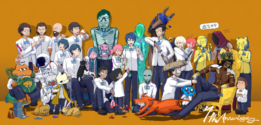 6+boys, absurdres, animal_ear_hairband, animal_ears, anniversary, aqua_bow, aqua_bowtie, astronaut