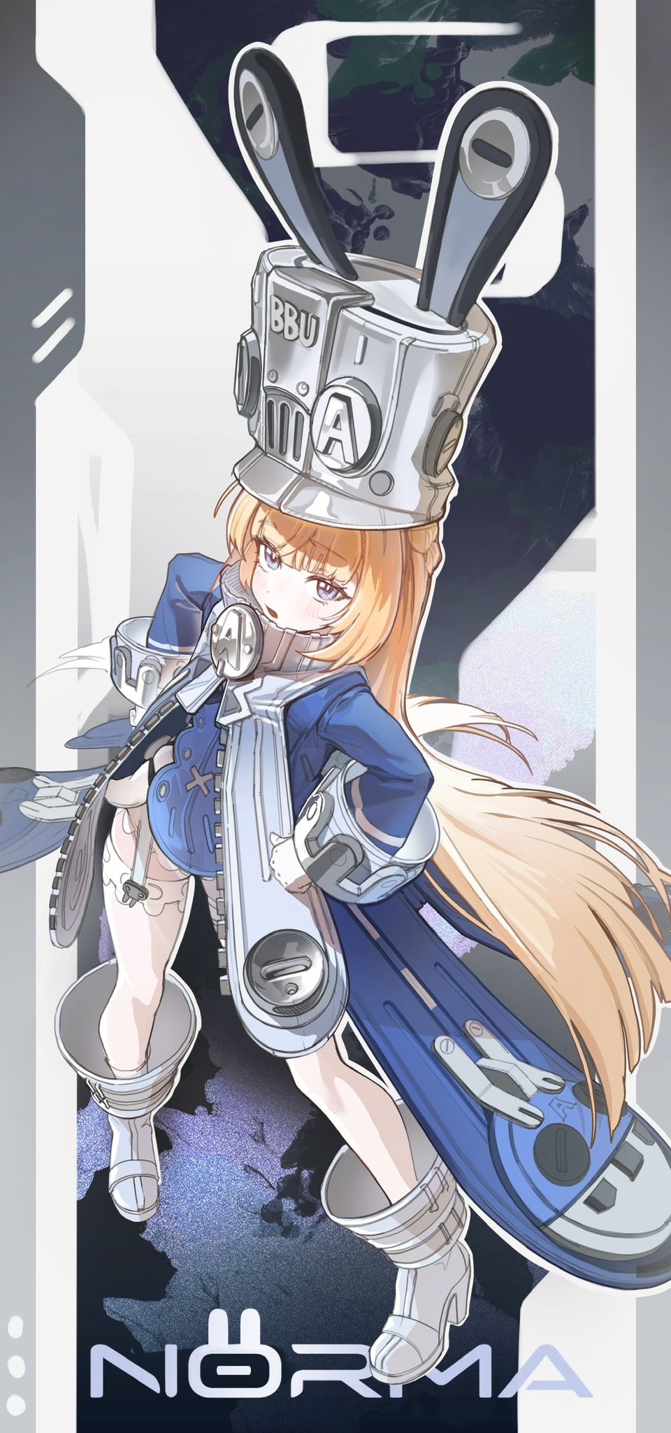 1girl, blonde_hair, blue_jacket, blush, garter_straps, gloves, grey_hat, hat
