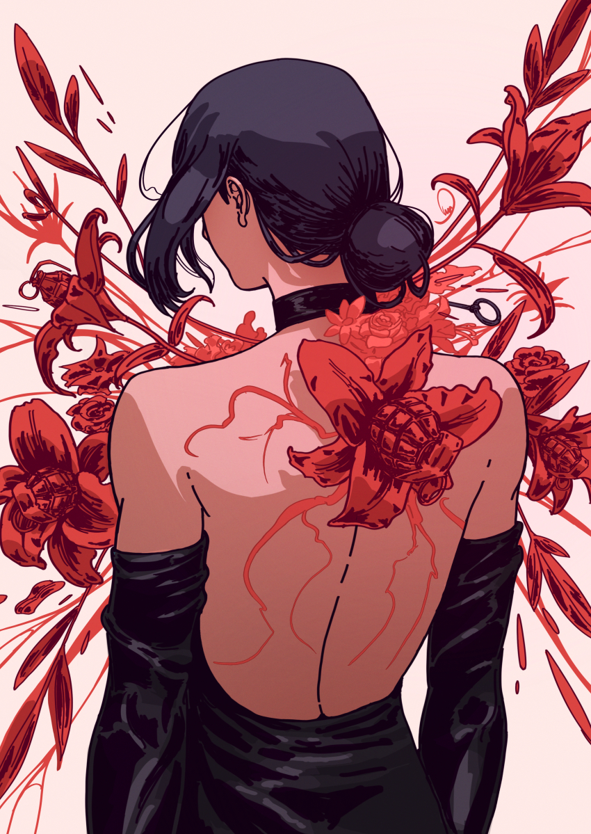1girl, absurdres, back, backless_dress, backless_outfit, black_dress, black_gloves, black_hair, chainsaw_man, dhashinn, dress, elbow_gloves, explosive, flower, gloves, grenade, hair_bun, highres, median_furrow, red_flower, reze_(chainsaw_man), sidelocks, solo