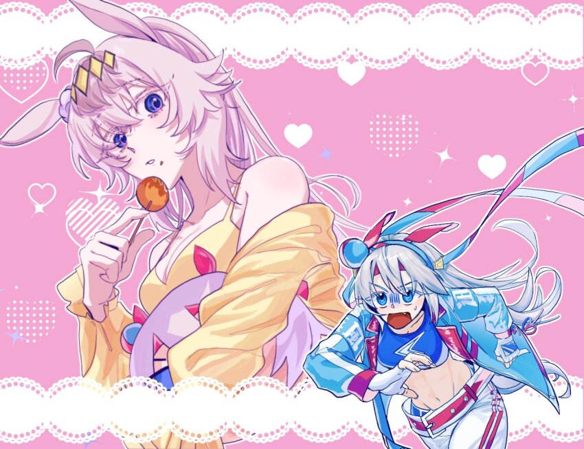 2girls, animal_ears, blue_eyes, blue_jacket, blue_sports_bra, bow, bra, breasts