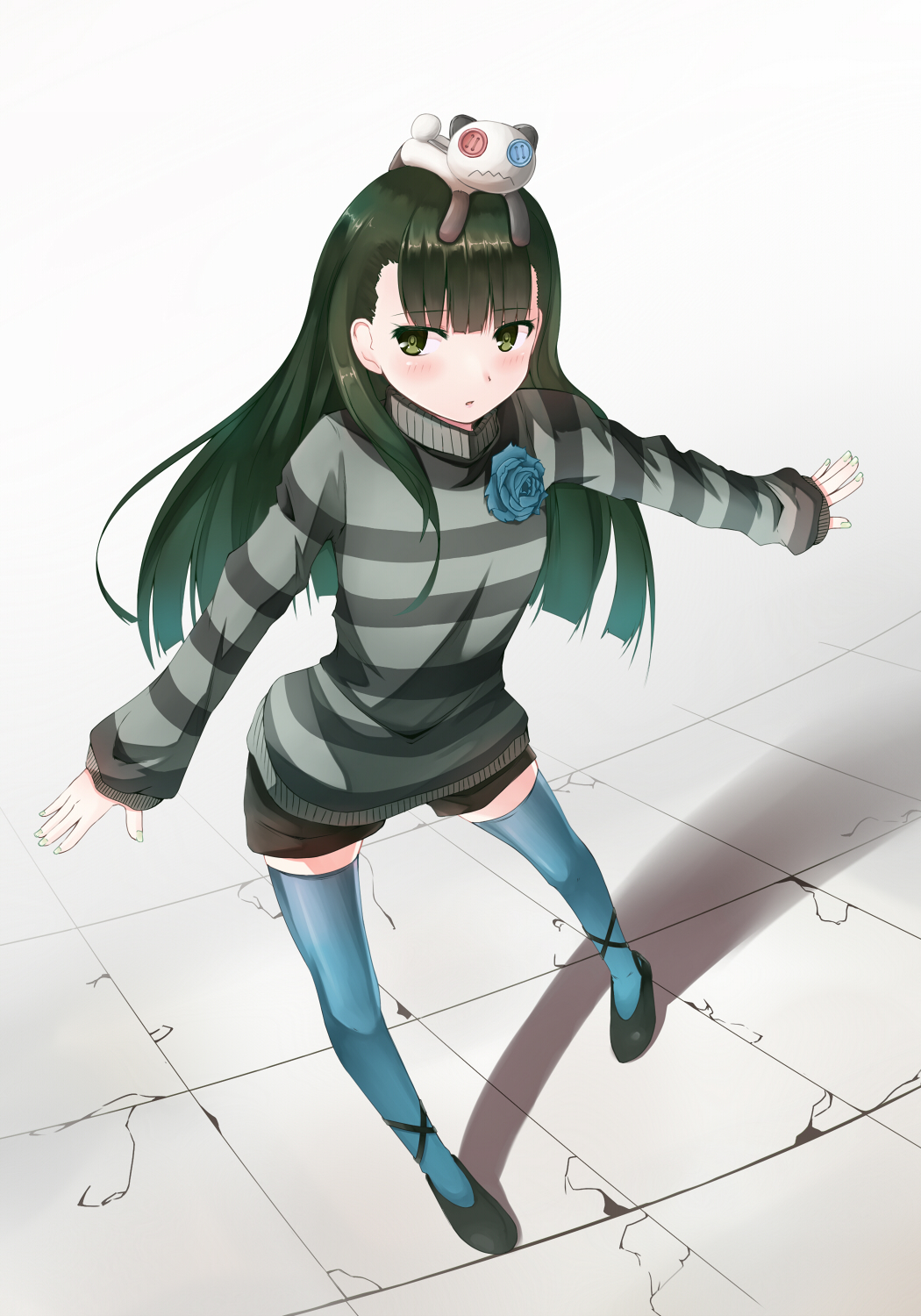 10s, 1girl, black_eyes, black_hair, blue_thighhighs, blush, crack, female_focus, flower, highres, long_hair, looking_away, miamai, ryuuryou, sasa_kazamori, shorts, solo, stuffed_toy, sweater, thighhighs, un-go
