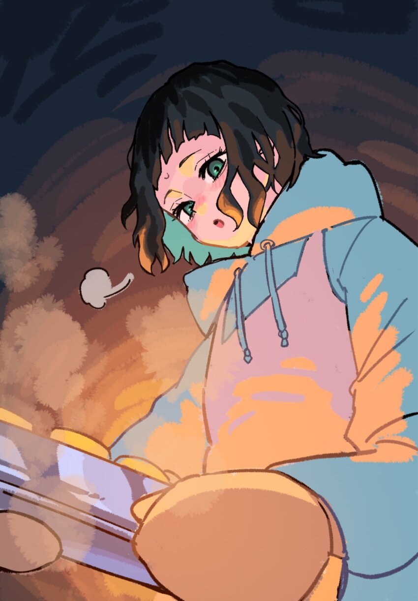 1girl, :o, apron, aqua_hair, baking, baking_sheet, black_hair, blunt_bangs