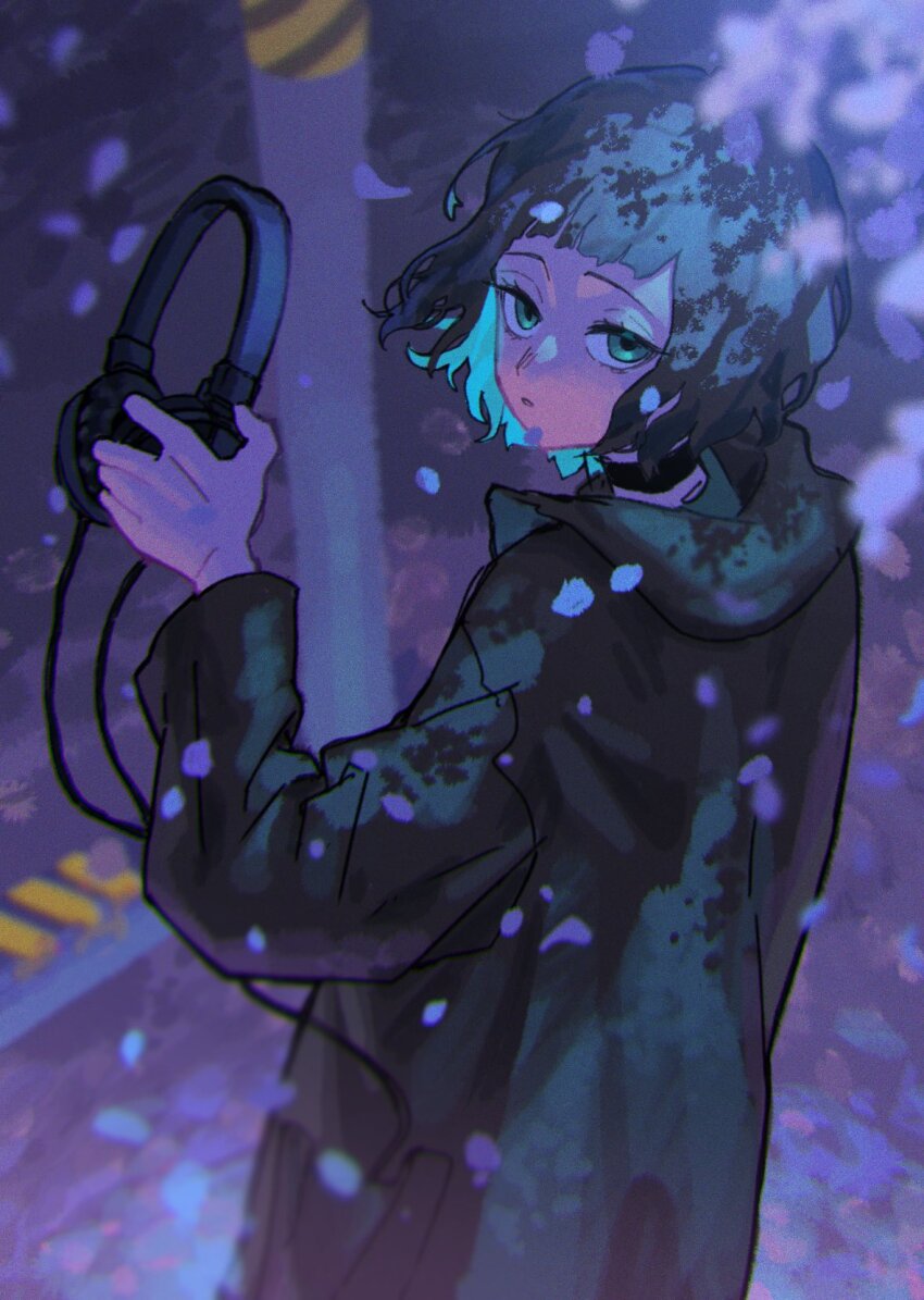 1girl, aqua_hair, black_choker, black_hair, blunt_bangs, bob_cut, cable, caution_tape