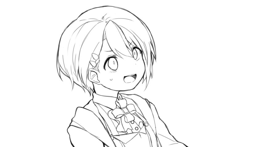 1girl, az_9649, buttons, collared_shirt, greyscale, grimms_notes, hair_between_eyes, highres