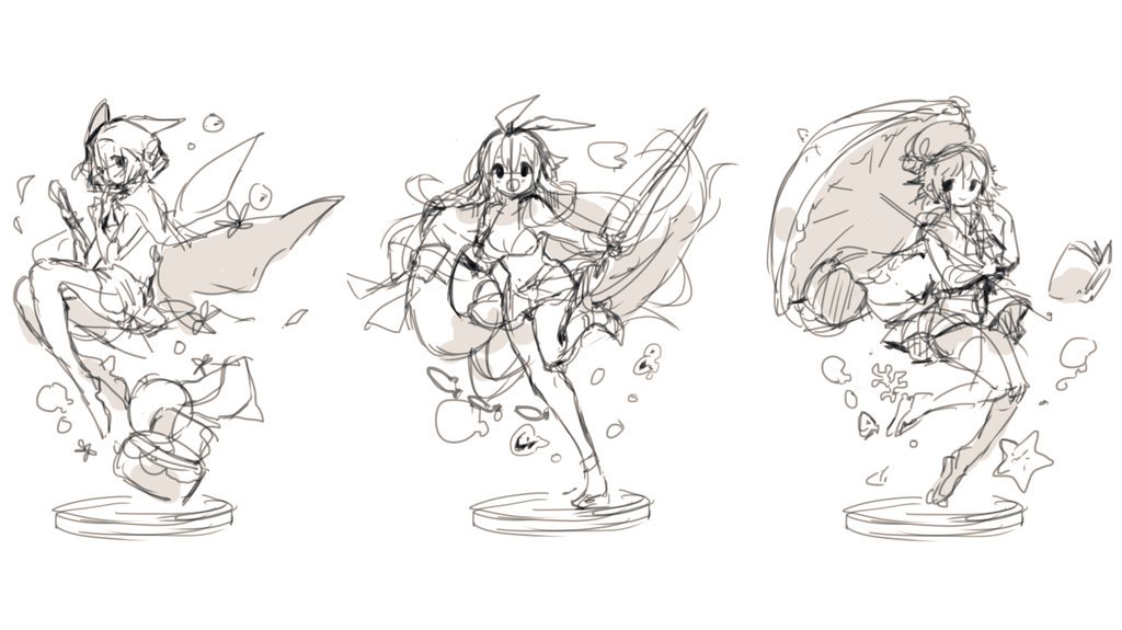 3girls, alice_(grimms_notes), alice_(summer)_(grimms_notes), az_9649, full_body, greyscale, grimms_notes, monochrome