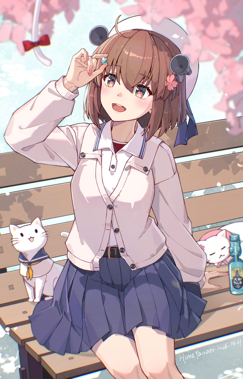 1girl, belt, bench, beret, blue_skirt, breasts, brown_eyes, brown_hair