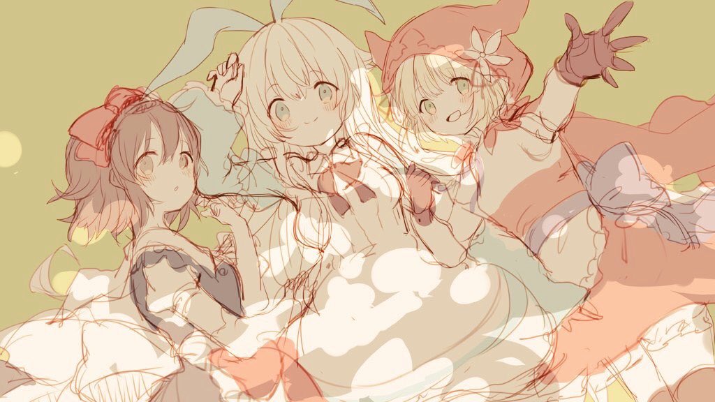 3girls, alice_(grimms_notes), alice_(repage)_(grimms_notes), az_9649, blonde_hair, breasts, brown_gloves, brown_hair