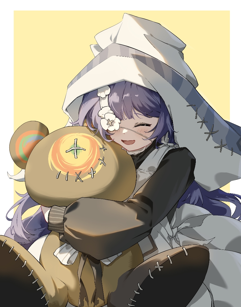 1girl, 3543045829, aigis_(morimens), blue_hair, hat, hugging_doll, hugging_object, long_sleeves