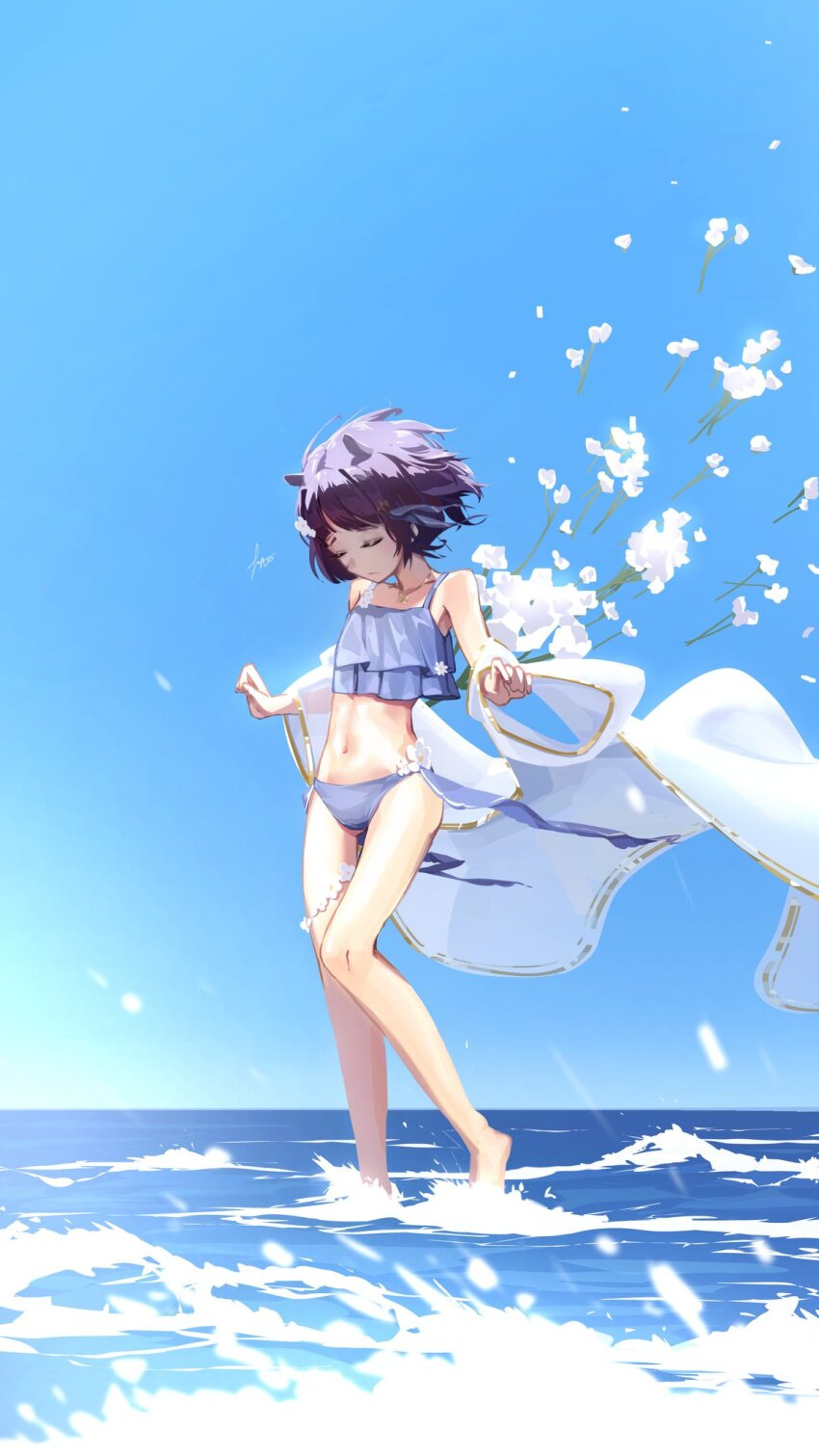 1girl, a0s0l, barefoot, bikini, blue_sky, closed_eyes, closed_mouth, commentary