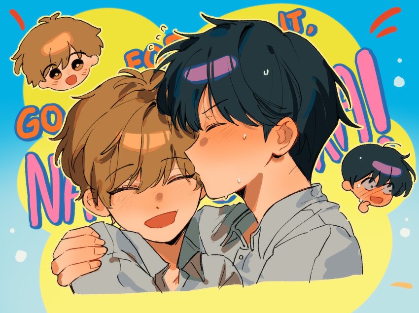 2boys, black_hair, blush, brown_hair, chibi, chibi_inset, closed_eyes, commentary