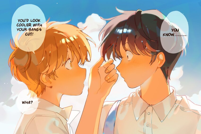 2boys, backpack, bag, black_hair, blue_sky, blush, brown_hair, buttons