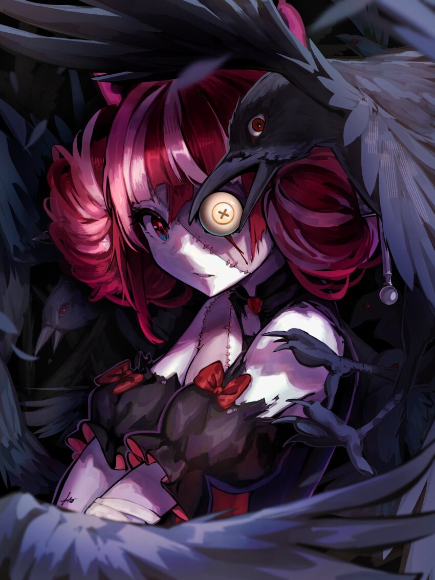 1girl, a0s0l, bandaged_arm, bandages, bird, black_dress, colored_skin, commentary