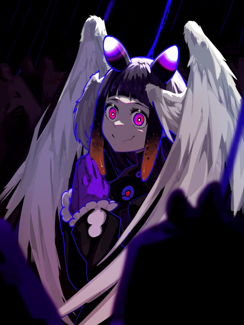 1girl, a0s0l, arched_bangs, black_dress, closed_mouth, commentary, dress, english_commentary