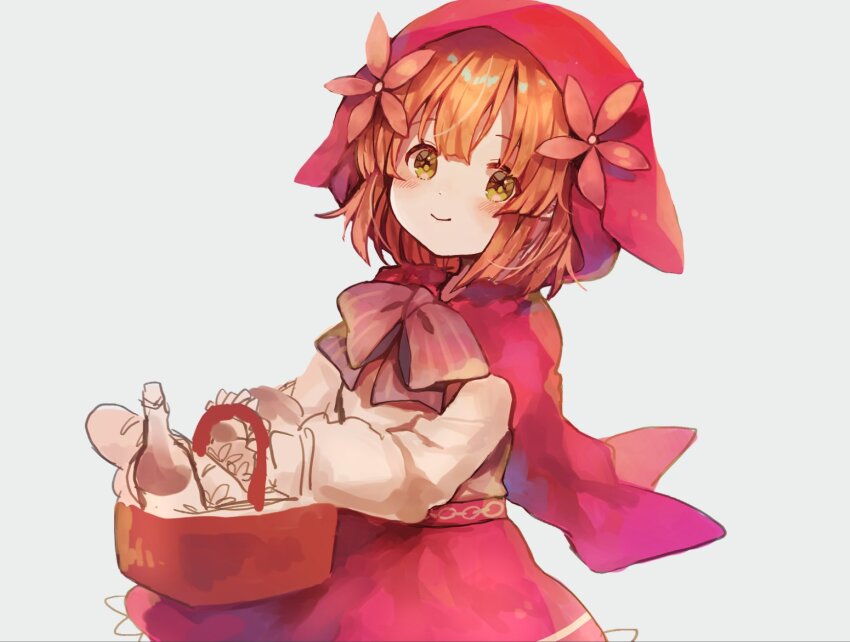 1girl, az_9649, basket, bottle, bread, cloak, closed_mouth, flower