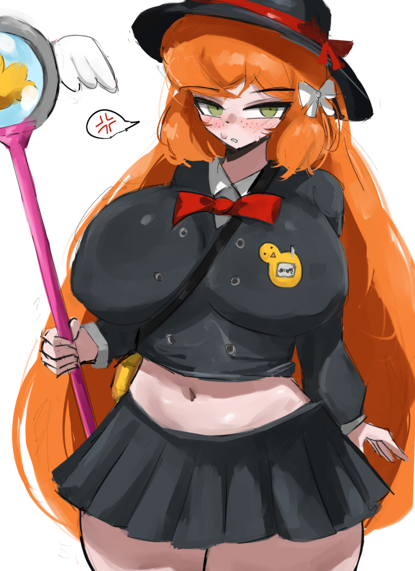 1girl, anger_vein, baby_animal, bird, black_skirt, bow, bowtie, breasts