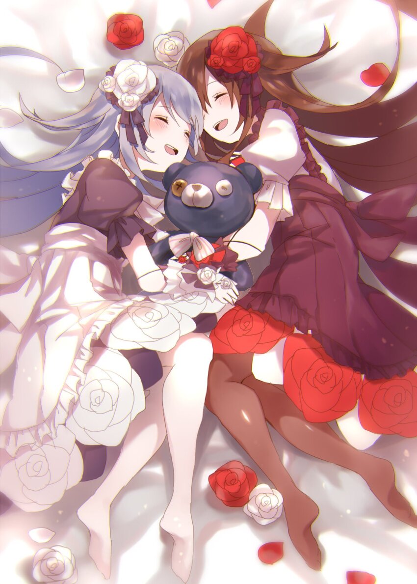 2girls, az_9649, barefoot, black_shirt, brown_dress, brown_hair, brown_pantyhose, closed_eyes