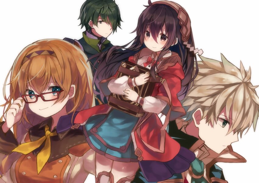 2boys, 2girls, adjusting_eyewear, alicia_quixano_(grimms_notes), armor, ascot, az_9649, black_hair