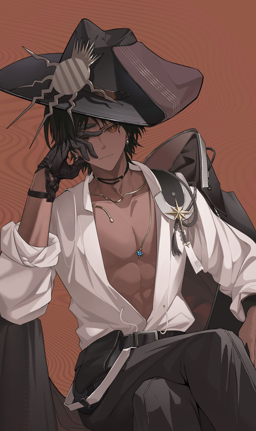 1boy, absurdres, arknights, black_gloves, black_hair, black_hat, black_pants, brown_background