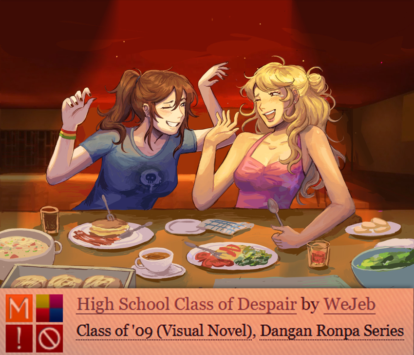 archive_of_our_own, arm_rest, blonde_hair, blue_shirt, blush, bowl, bracelet, breasts