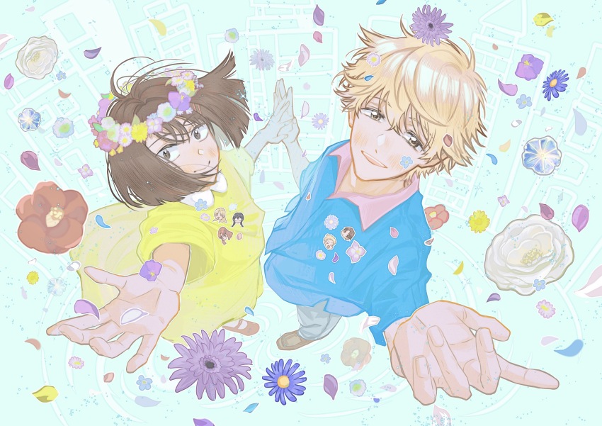 1boy, 1girl, blonde_hair, blue_background, blue_flower, blue_shirt, blush, brown_eyes