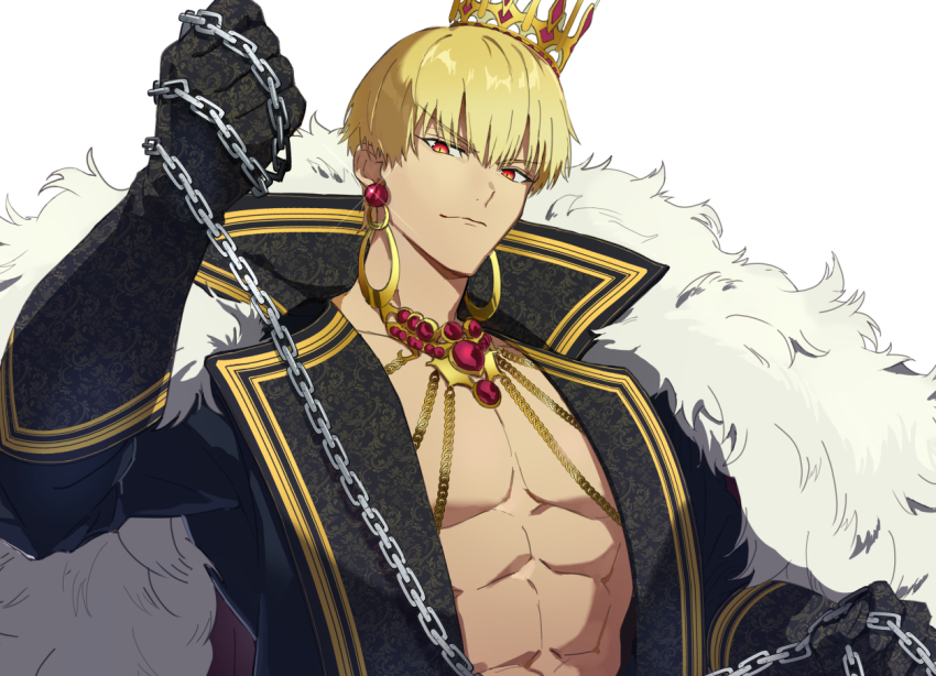 1boy, black_gloves, blonde_hair, chain, closed_mouth, crown, earrings, fate/strange_fake
