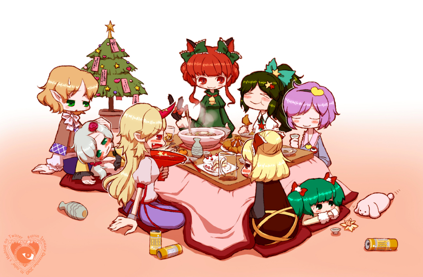 >_<, 6+girls, :3, :d, ahoge, alcohol, animal_ears, arm_behind_head