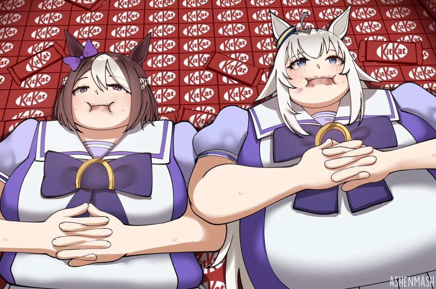 2026_kitkat_heist, 2girls, absurdres, ahoge, alternate_body_size, animal_ears, ashenmash, big_belly, bow, bowtie, braid, breaking_bad, commentary, ear_bow, ear_covers, ear_ornament, ear_ribbon, english_commentary, fat, fat_woman, grey_hair, hairband, half_up_braid, highres, horse_ears, horse_girl, horseshoe_ornament, interlocked_fingers, kitkat, lying, multicolored_hair, multicolored_hairband, multiple_girls, no_hairband, obese, oguri_cap_(umamusume), on_back, own_hands_together, parody, plump, puffy_short_sleeves, puffy_sleeves, purple_bow, purple_bowtie, purple_sailor_collar, purple_serafuku, purple_shirt, sailor_collar, sailor_shirt, school_uniform, serafuku, shirt, short_sleeves, special_week_(umamusume), tracen_school_uniform, two-tone_hair, umamusume