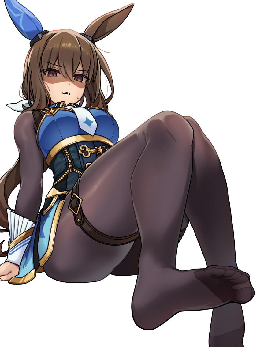 1girl, admire_vega_(starry_nocturne)_(umamusume), admire_vega_(umamusume), animal_ears, arm_support, black_corset, black_pantyhose, blue_shirt