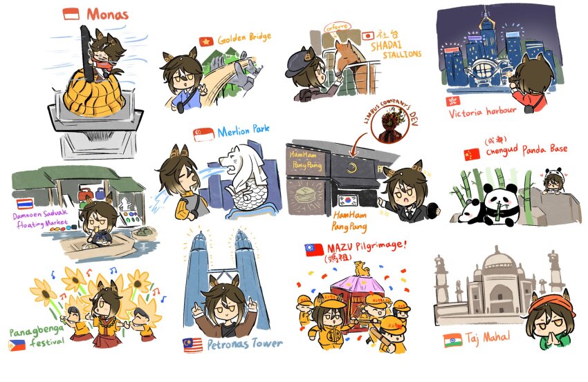 3girls, animal_ears, bamboo, black_jacket, black_necktie, boat, brown_hair, casual