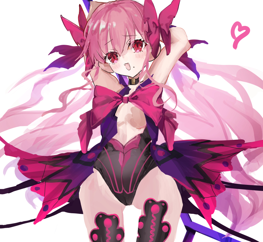 1girl, :d, absurdres, ahoge, arms_behind_head, black_leotard, black_thighhighs, blush, bow, choker, dead_apostle_noel_(tsukihime), dress, dress_bow, fang, floating_clothes, floating_hair, hair_bow, highres, kiri_iii_kiri, leotard, long_hair, noel_(tsukihime), open_clothes, open_dress, open_mouth, pink_bow, polearm, purple_dress, red_eyes, smile, spear, thighhighs, tsukihime, tsukihime_(remake), two_side_up, vampire, wavy_hair, weapon