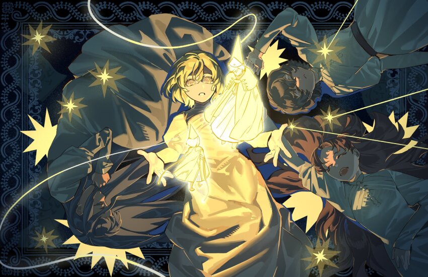 1boy, 4girls, agott_arklaum_(tongari_boushi_no_atelier), artinuyama, black_hair, blonde_hair, blue_hair, casting_spell, cloak, coco_(tongari_boushi_no_atelier), hat, highres, long_hair, lying, magic, multiple_girls, open_mouth, pink_hair, qifrey's_atelier_apprentice_uniform, qifrey_(tongari_boushi_no_atelier), richeh_(tongari_boushi_no_atelier), short_hair, sleeping, teeth, tetia_(tongari_boushi_no_atelier), tongari_boushi_no_atelier, tunic, yellow_eyes