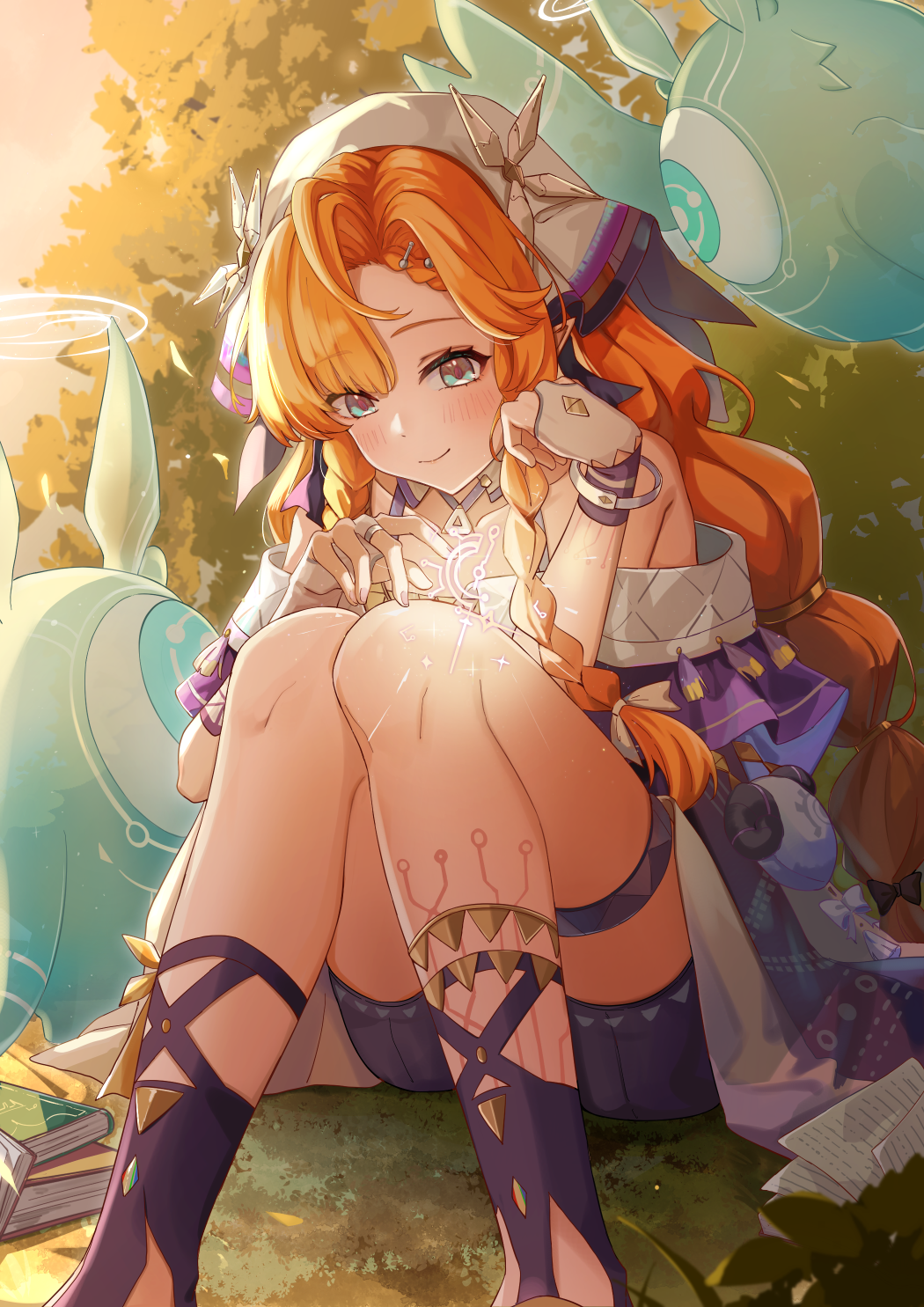 1girl, aqua_eyes, bare_shoulders, body_markings, braid, braided_sidelocks, bridal_gauntlets, commentary_request