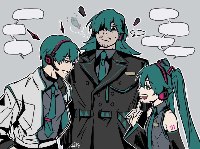 ..., 1girl, 2boys, atuhi, black_coat, black_eyes, black_sleeves, blank_speech_bubble