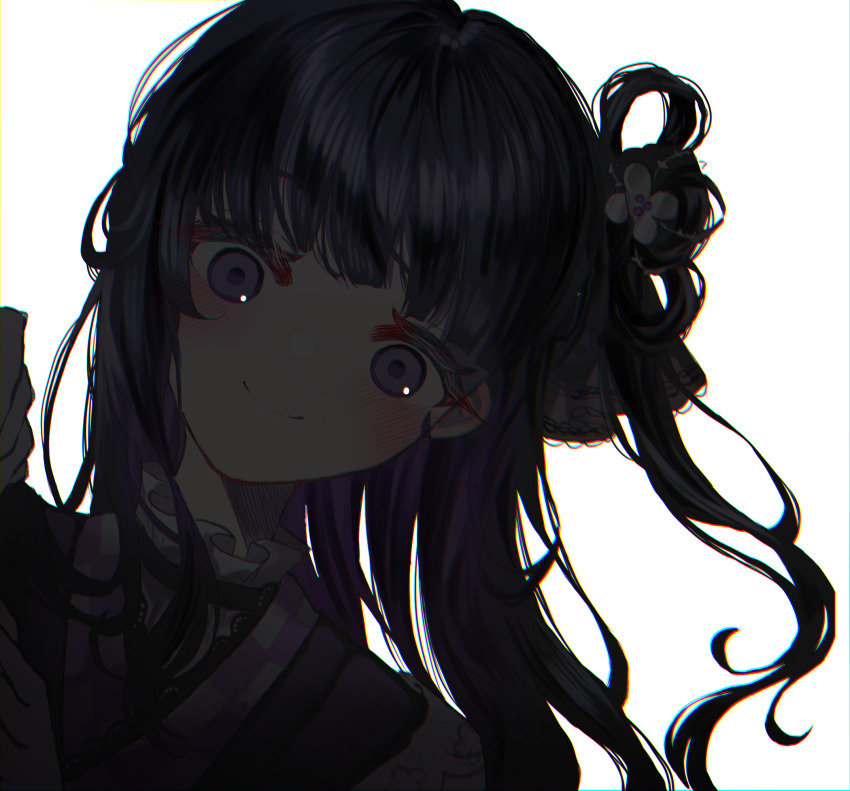 1girl, backlighting, black_hair, blunt_bangs, chromatic_aberration, closed_mouth, commentary_request, flower