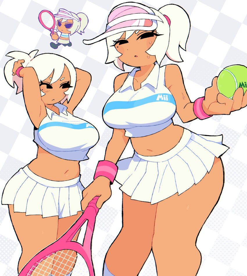 1girl, armpits, arms_up, ball, black_eyes, breasts, checkered_background, chibi