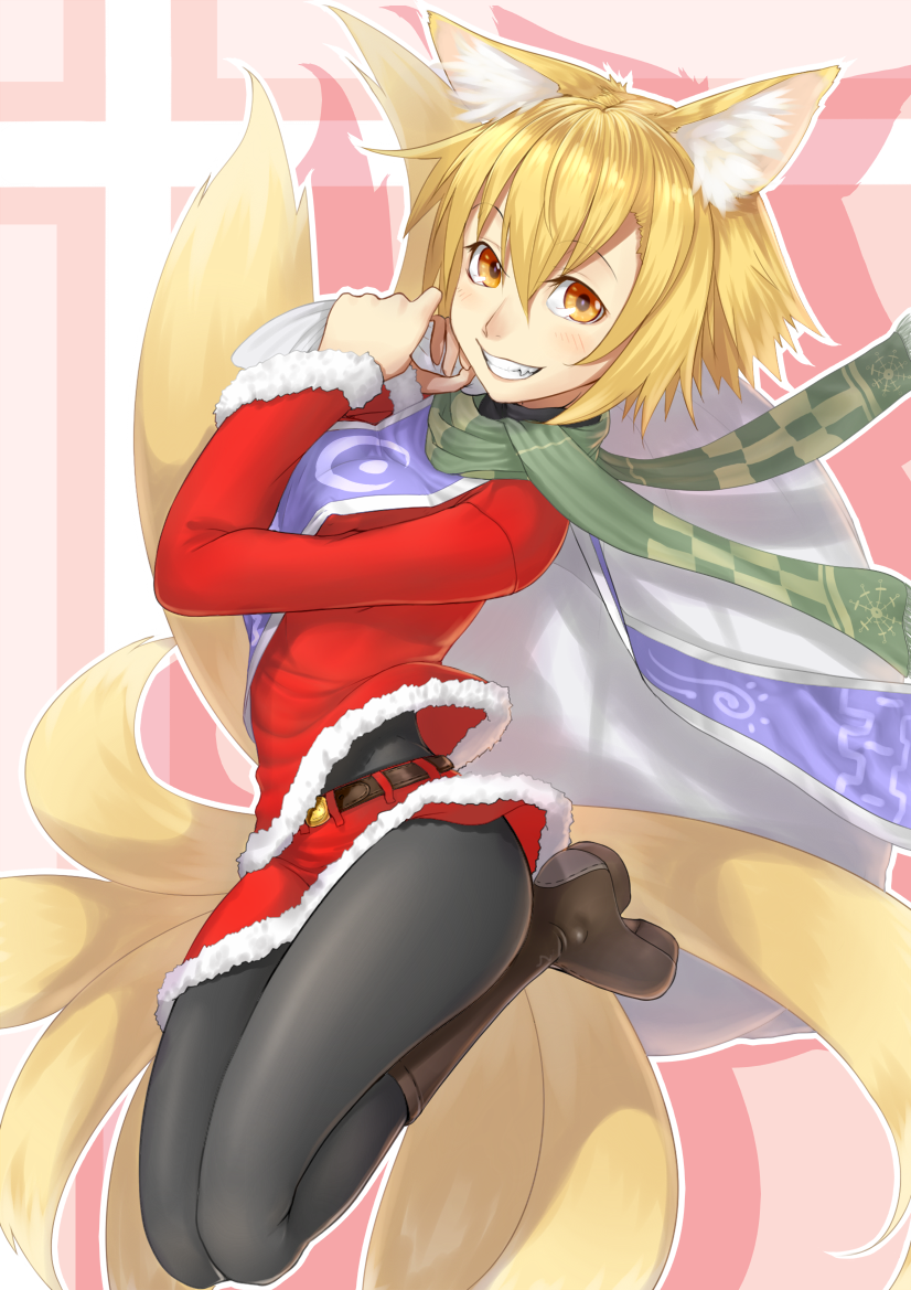 1girl, animal_ears, belt, black_pantyhose, blonde_hair, boots, female_focus, fox_ears