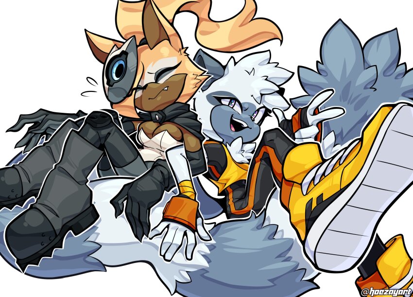 2girls, absurdres, animal_nose, black_boots, boots, brown_fur, chest_fur, embarrassed, fang, furry, furry_female, furry_with_furry, grey_fur, highres, hoezayburger, lemur, lemur_ears, lemur_girl, lemur_tail, multicolored_fur, multiple_girls, shoes, sonic_(series), sonic_the_hedgehog_(idw), steel-toe_boots, tail, tangle_the_lemur, teeth, twitter_username, very_long_tail, whisper_the_wolf, wolf_girl, yellow_fur, yellow_shoes