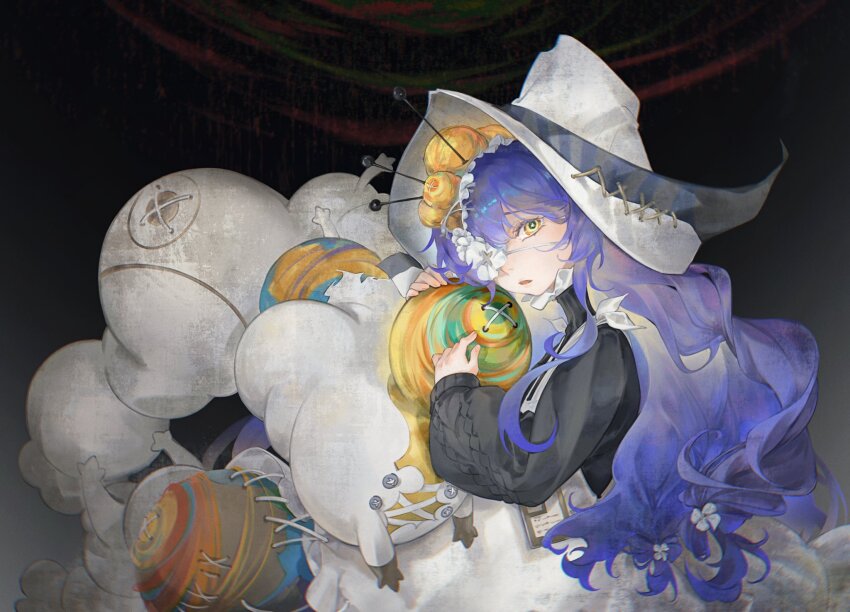 1girl, aigis_(morimens), anz1105, blue_hair, chinese_commentary, commentary_request, eyepatch, fingernails, hat, highres, hugging_doll, hugging_object, long_hair, long_sleeves, looking_at_viewer, morimens, multicolored_eyes, needle, open_mouth, orange_eyes, ringed_eyes, sewing_needle, solo, white_hat, yellow_eyes