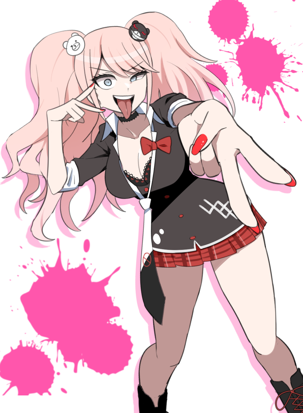 1girl, black_choker, breasts, choker, commentary_request, danganronpa:_trigger_happy_havoc, danganronpa_(series), double_v