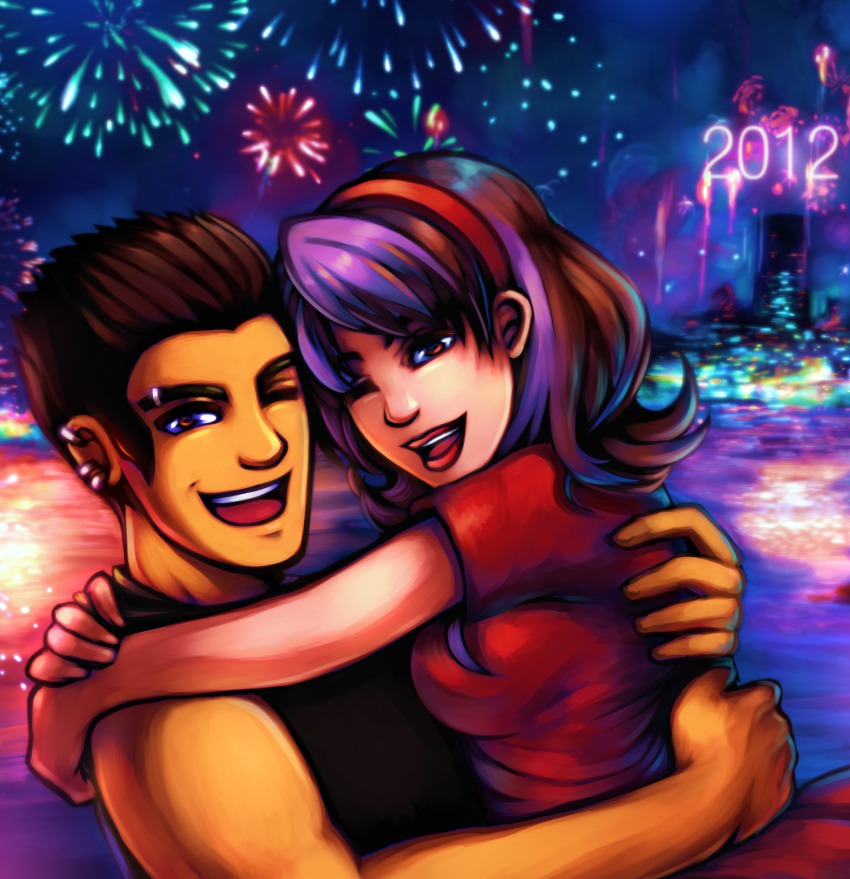1boy, 1girl, bare_shoulders, brown_eyes, brown_hair, colorful, colt_warren, couple, denni_fallon, ear_piercing, eyebrow_piercing, face_piercing, fireworks, hetero, highres, hug, multicolored_hair, new_year, one_eye_closed, piercing, purple_hair, short_hair, signomi, smile, surviving_high_school, wink