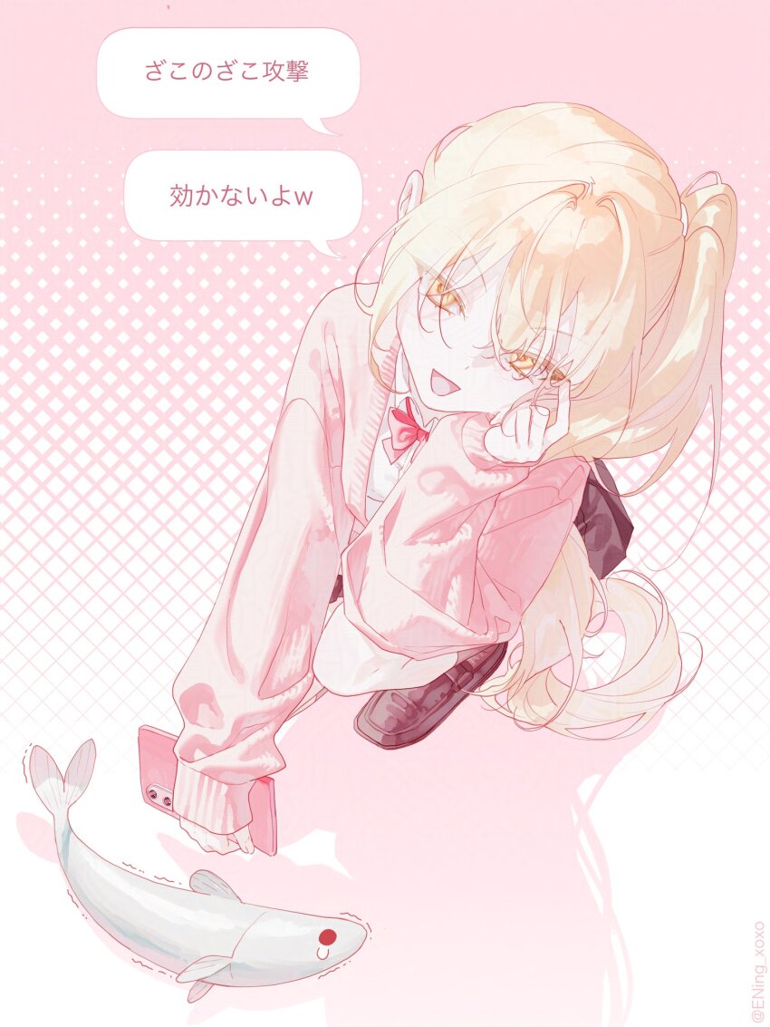 1girl, akita_neru, bag, black_bag, black_shoes, blonde_hair, bow, bowtie