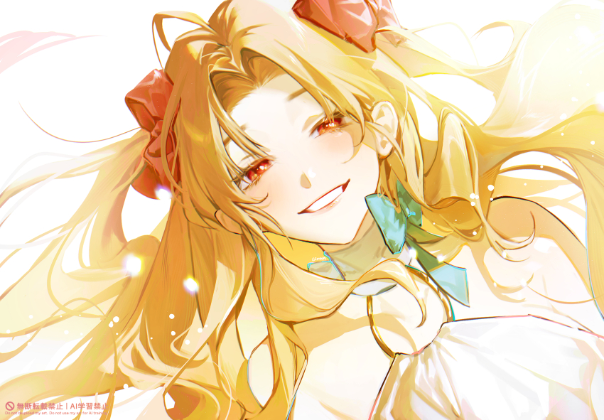 1girl, ahoge, blonde_hair, bow, commentary, ereshkigal_(fate), ereshkigal_(swimsuit_beast)_(fate), fate/grand_order