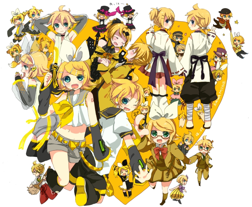 >_<, 1boy, 1girl, aku_no_musume_(vocaloid), alice_in_musicland_(vocaloid), bespectacled, blonde_hair, blue_eyes, bonus_stage_(vocaloid), brother_and_sister, closed_eyes, colorful_x_melody_(vocaloid), cosplay, fang, gekokujou_(vocaloid), glasses, hair_ornament, hair_ribbon, hairclip, hatsune_miku, hatsune_miku_(cosplay), headphones, heart, juvenile_(vocaloid), kagamine_len, kagamine_len_(append), kagamine_len_(indigo), kagamine_len_(ni_no_sakura_senbu), kagamine_len_(punkish), kagamine_len_(school_jersey), kagamine_rin, kagamine_rin_(append), kagamine_rin_(cheerful_candy), kagamine_rin_(ni_no_sakura_kouchou), kagamine_rin_(raspberry), kagamine_rin_(reactor), kemonomimi_mode, koume_keita, one_eye_closed, open_mouth, project_diva, project_diva_(series), project_diva_2nd, ribbon, rin_no_youchuu, roshin_yuukai_(vocaloid), senbon-zakura_(vocaloid), short_hair, siblings, sigre_(vocaloid), smile, songover, tail, vocaloid, vocaloid_append, wink